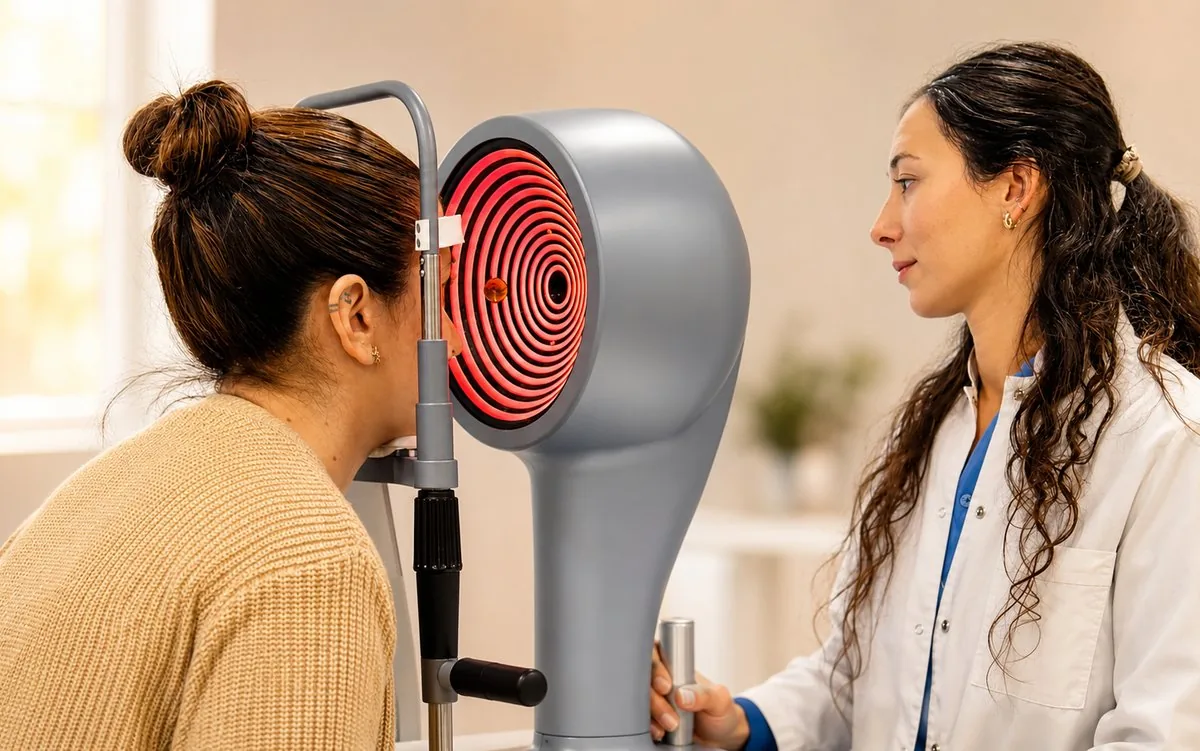 Paciente durante una topografía corneal previa a una cirugía refractiva