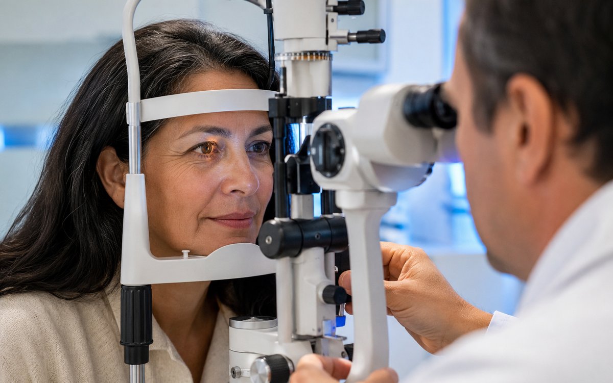 Paciente durante un control de glaucoma en la lámpara de hendidura