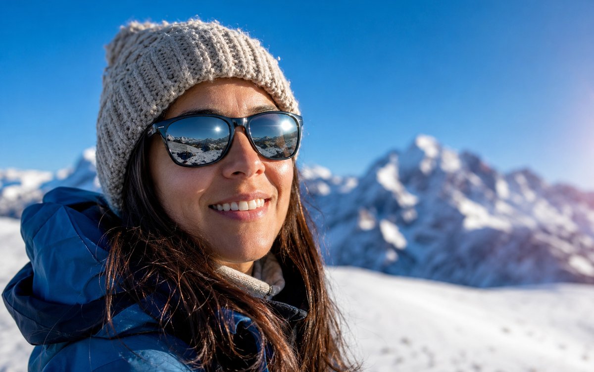 Anteojos de sol frente a montañas nevadas