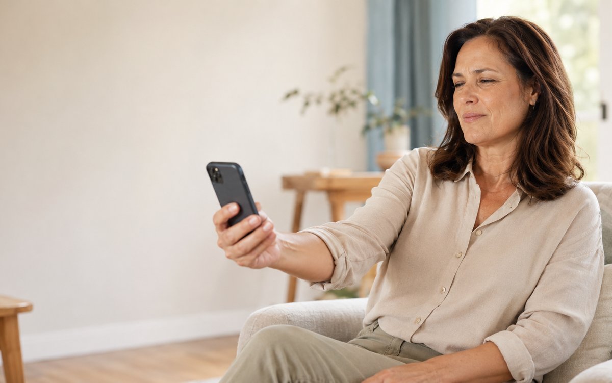 Mujer alejando el celular con el brazo estirado para poder leer la pantalla