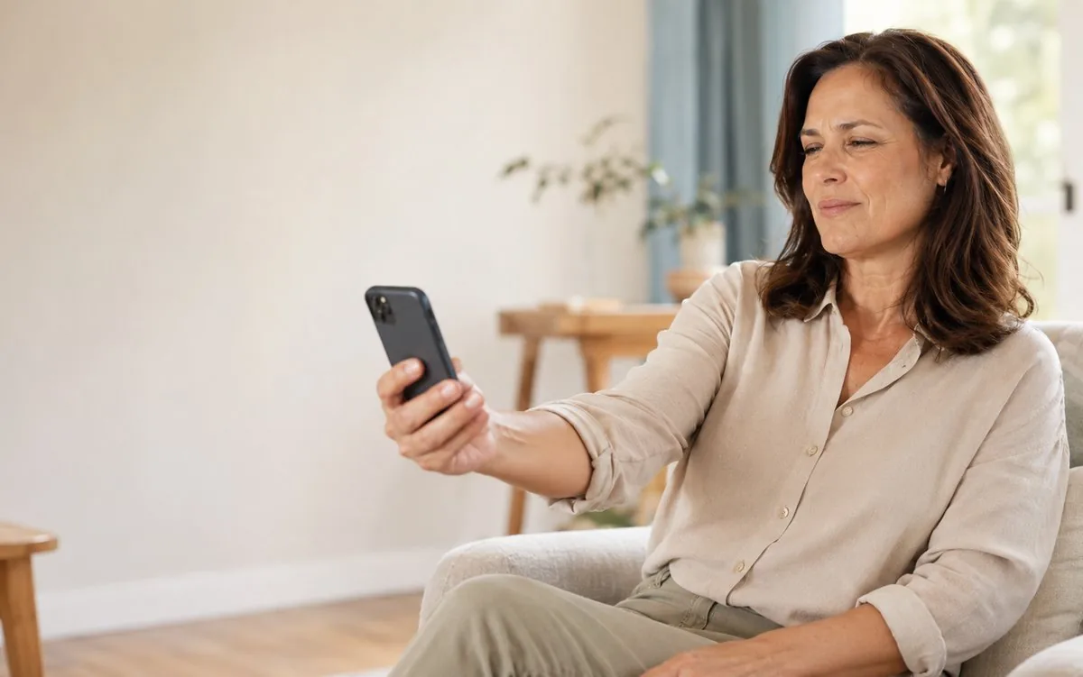 Mujer alejando el celular con el brazo estirado para poder leer la pantalla