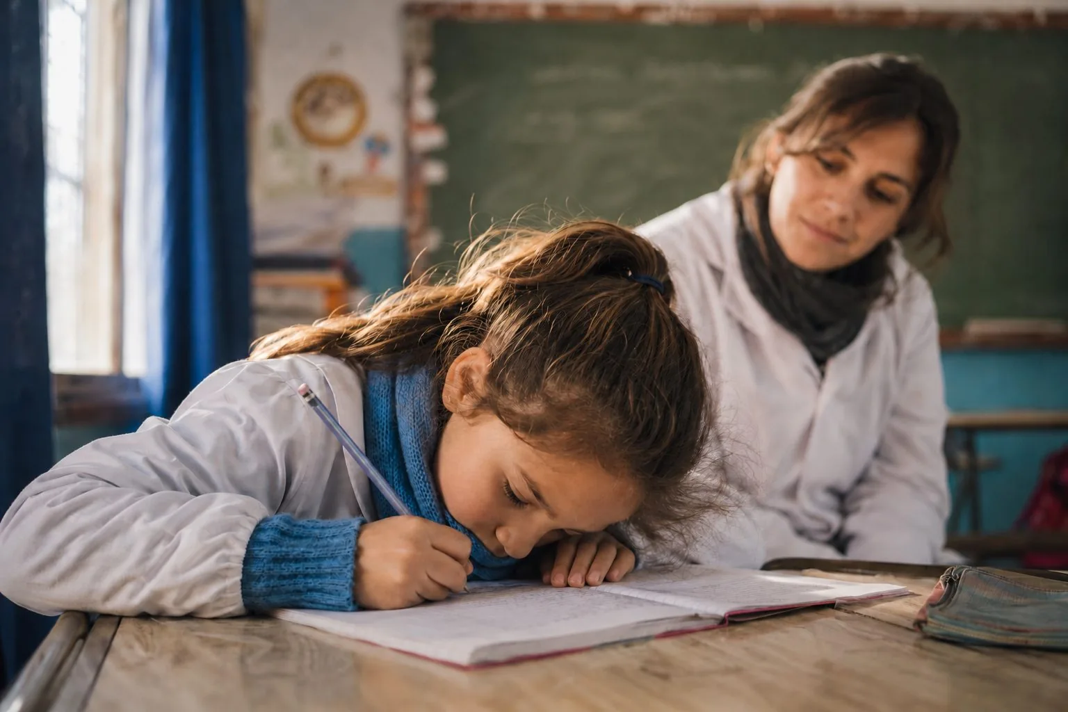 Alumno en el aula esforzando la vista para ver el pizarrón